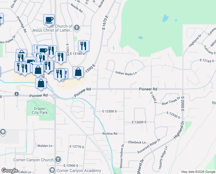map of restaurants, bars, coffee shops, grocery stores, and more near 12287 Relation Street in Draper