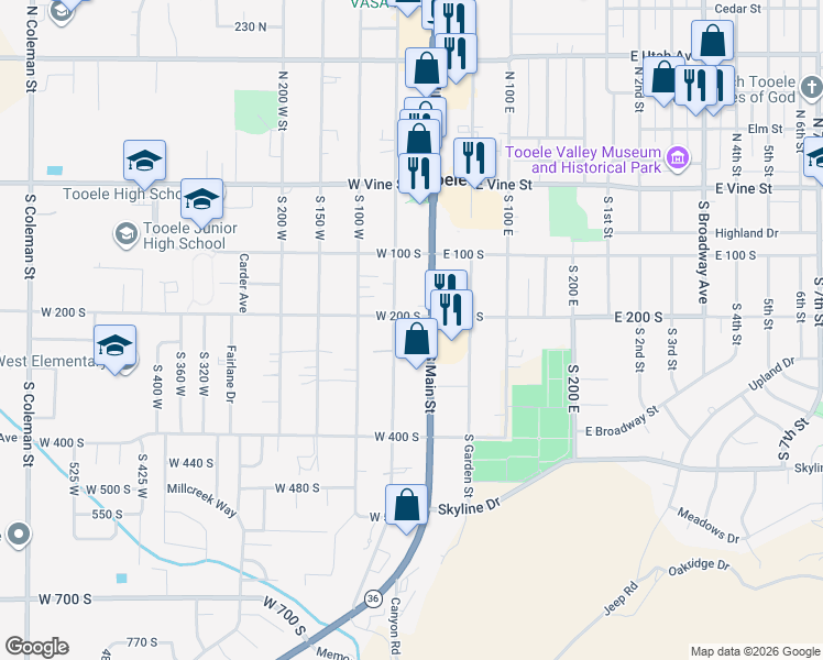 map of restaurants, bars, coffee shops, grocery stores, and more near 172 South Main Street in Tooele