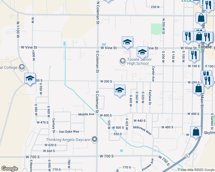 map of restaurants, bars, coffee shops, grocery stores, and more near 540 West 200 South in Tooele