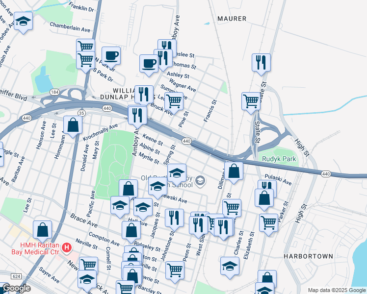 map of restaurants, bars, coffee shops, grocery stores, and more near 368 Lawrence Street in Perth Amboy