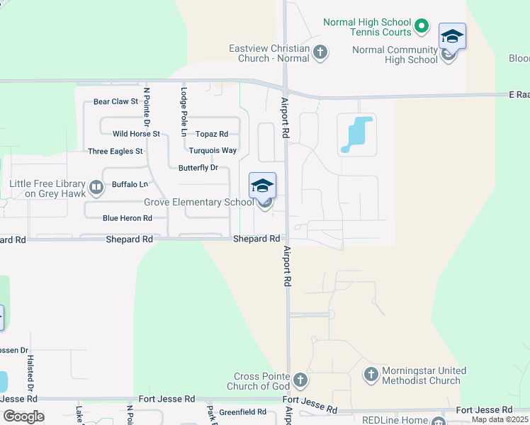 map of restaurants, bars, coffee shops, grocery stores, and more near 1101 Airport Road in Normal