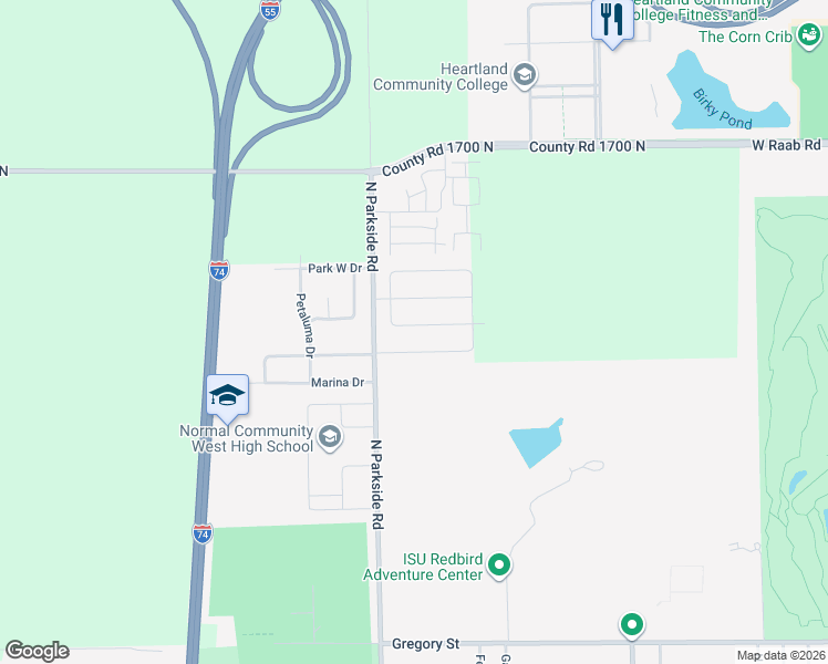 map of restaurants, bars, coffee shops, grocery stores, and more near 1724 Coralstone Way in Normal