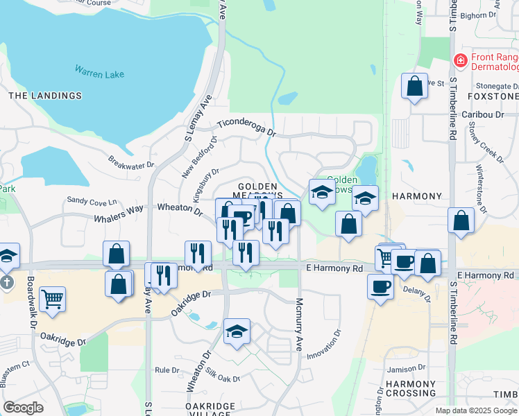 map of restaurants, bars, coffee shops, grocery stores, and more near 4400 San Remo Circle in Fort Collins