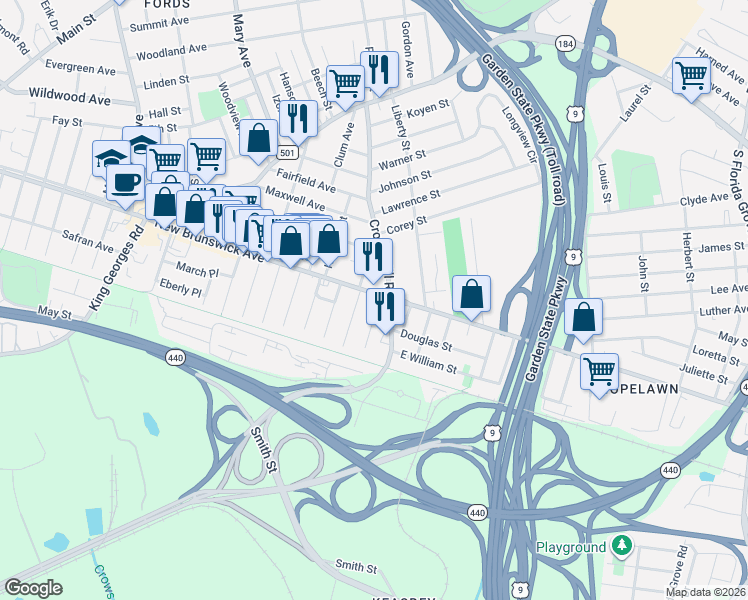 map of restaurants, bars, coffee shops, grocery stores, and more near 369 New Brunswick Avenue in Woodbridge Township