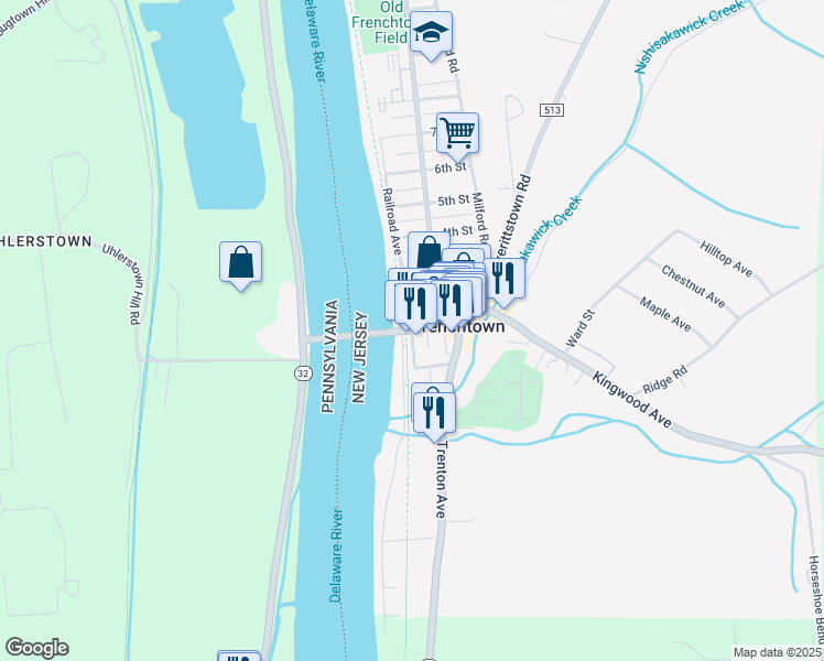 map of restaurants, bars, coffee shops, grocery stores, and more near Bridge Street & Front Street in Frenchtown
