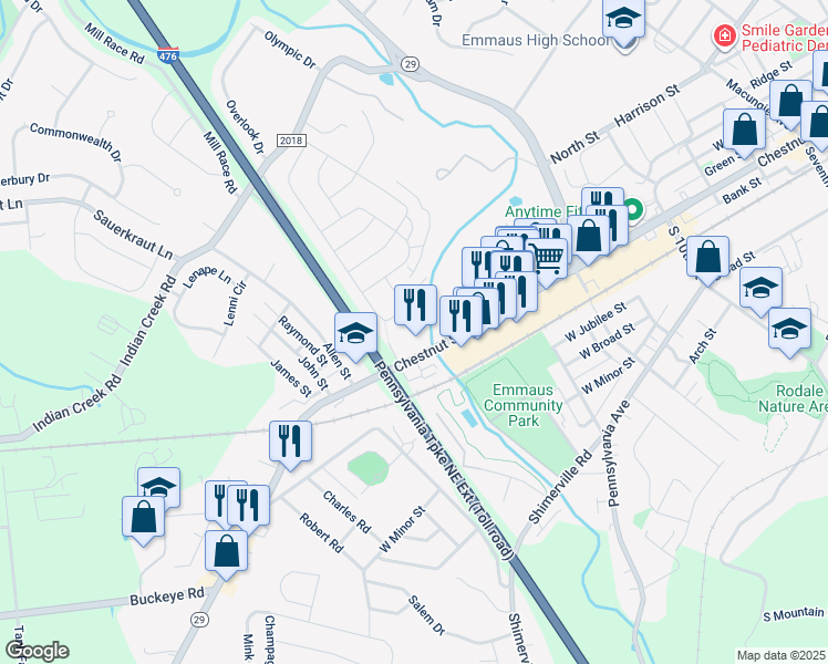 map of restaurants, bars, coffee shops, grocery stores, and more near 3750 Chestnut Street in Emmaus