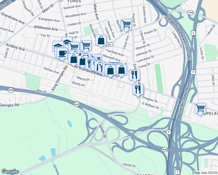 map of restaurants, bars, coffee shops, grocery stores, and more near 27 William Street in Woodbridge Township