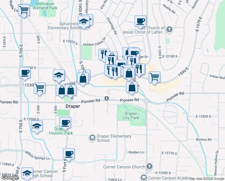 map of restaurants, bars, coffee shops, grocery stores, and more near 1154 Parkstone Drive in Draper
