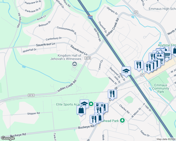 map of restaurants, bars, coffee shops, grocery stores, and more near 3621 Lenape Lane in Emmaus