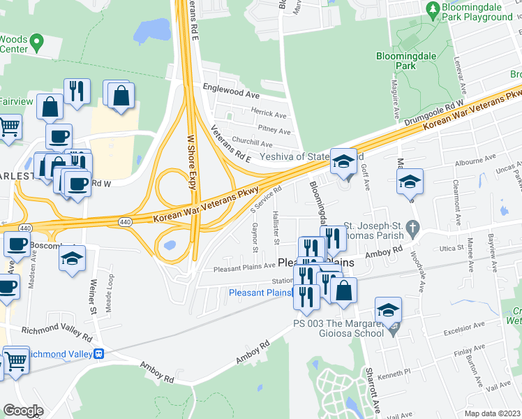 map of restaurants, bars, coffee shops, grocery stores, and more near 2050 South Service Road in Staten Island
