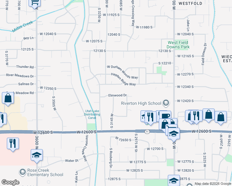 map of restaurants, bars, coffee shops, grocery stores, and more near 3124 Elmwood Drive in Riverton