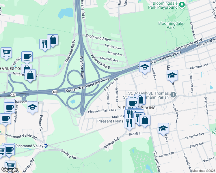 map of restaurants, bars, coffee shops, grocery stores, and more near Gaynor Street in Staten Island