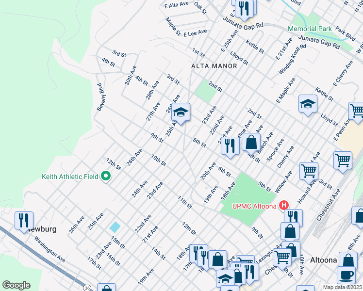 map of restaurants, bars, coffee shops, grocery stores, and more near 516 Wopsononock Avenue in Altoona