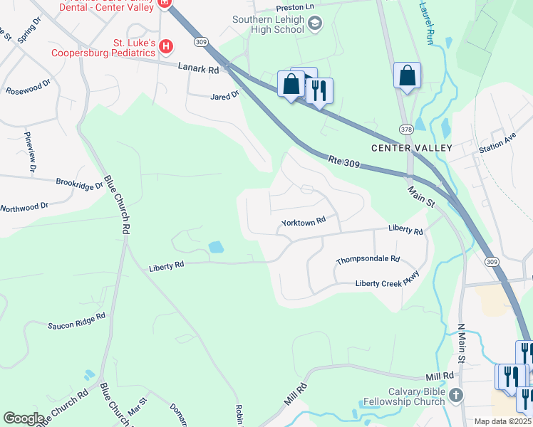 map of restaurants, bars, coffee shops, grocery stores, and more near 5980 Saratoga Lane in Coopersburg