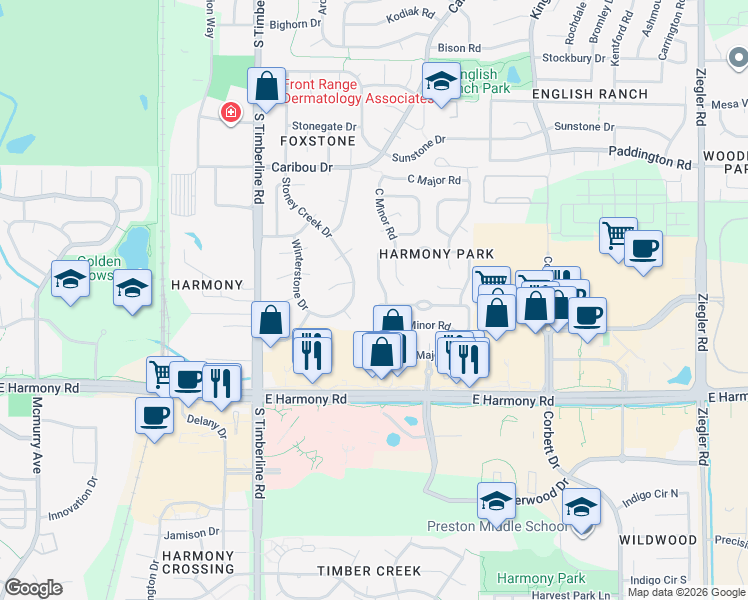 map of restaurants, bars, coffee shops, grocery stores, and more near 4330 Stoney Creek Drive in Fort Collins