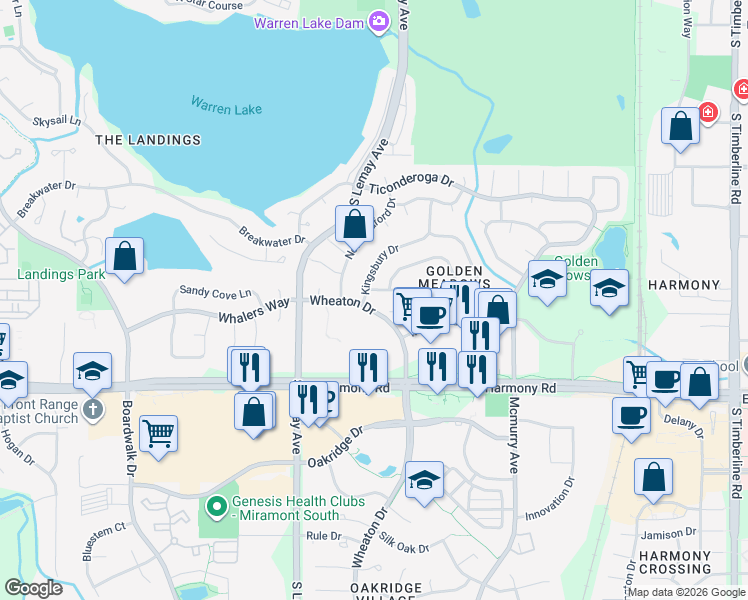 map of restaurants, bars, coffee shops, grocery stores, and more near 4349 Kingsbury Drive in Fort Collins