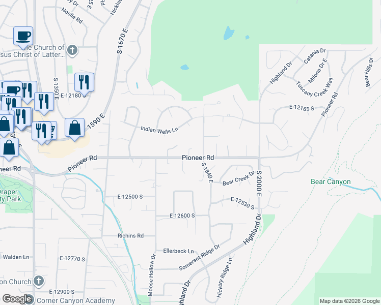 map of restaurants, bars, coffee shops, grocery stores, and more near 1795 Pioneer Road in Draper