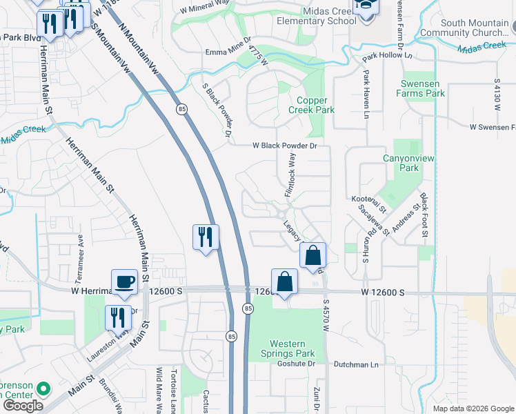 map of restaurants, bars, coffee shops, grocery stores, and more near 4752 Oregon Trail Way West in Herriman
