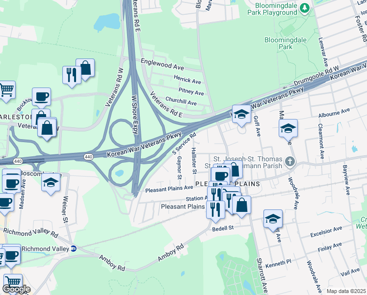 map of restaurants, bars, coffee shops, grocery stores, and more near 2050 South Service Road in Staten Island