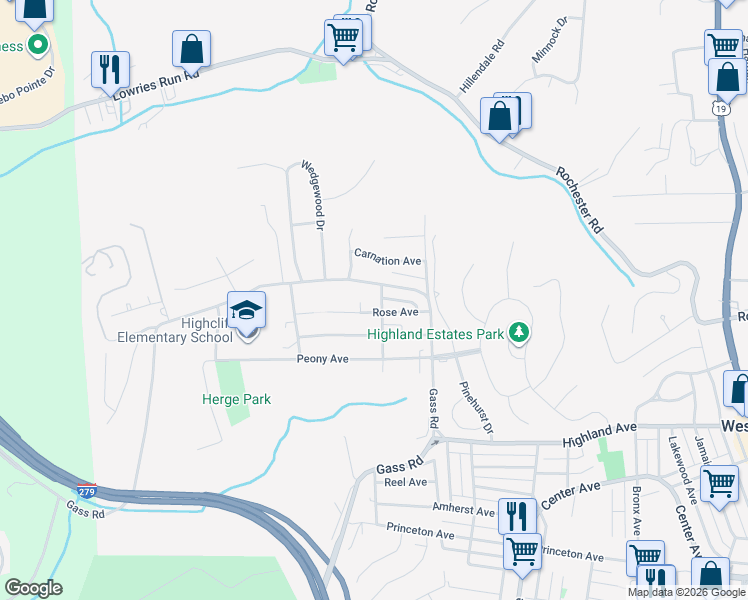 map of restaurants, bars, coffee shops, grocery stores, and more near 162 Gass Road in Pittsburgh