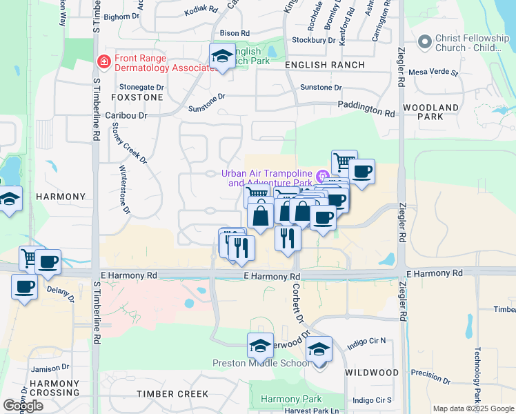 map of restaurants, bars, coffee shops, grocery stores, and more near 4227 Corbett Drive in Fort Collins