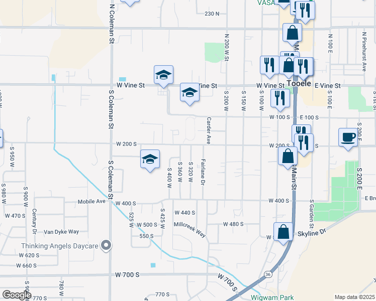 map of restaurants, bars, coffee shops, grocery stores, and more near 220 South 320 West in Tooele