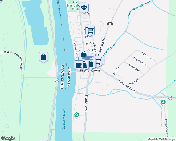 map of restaurants, bars, coffee shops, grocery stores, and more near in Frenchtown