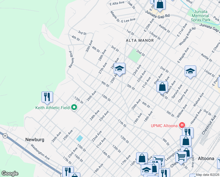 map of restaurants, bars, coffee shops, grocery stores, and more near 2510-18 9th Street in Altoona