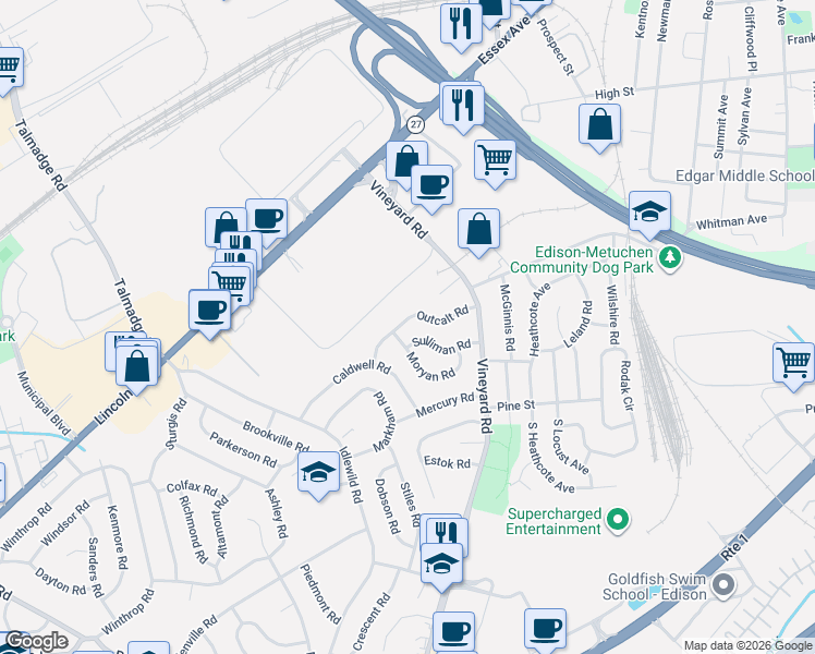 map of restaurants, bars, coffee shops, grocery stores, and more near 16 Outcalt Road in Edison