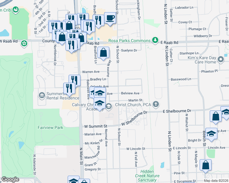 map of restaurants, bars, coffee shops, grocery stores, and more near 302 Orlando Avenue in Normal