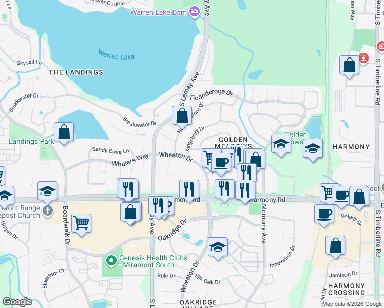 map of restaurants, bars, coffee shops, grocery stores, and more near 4349 Kingsbury Drive in Fort Collins
