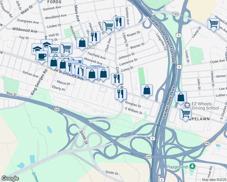 map of restaurants, bars, coffee shops, grocery stores, and more near 386 New Brunswick Avenue in Woodbridge Township