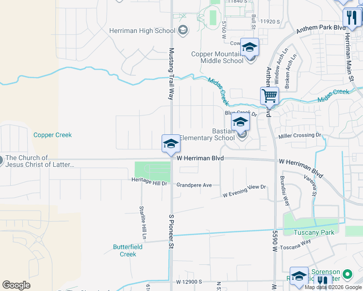 map of restaurants, bars, coffee shops, grocery stores, and more near 12309 Mustang Trail Way in Herriman