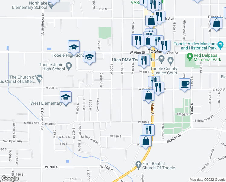 map of restaurants, bars, coffee shops, grocery stores, and more near 207 South 200 West in Tooele
