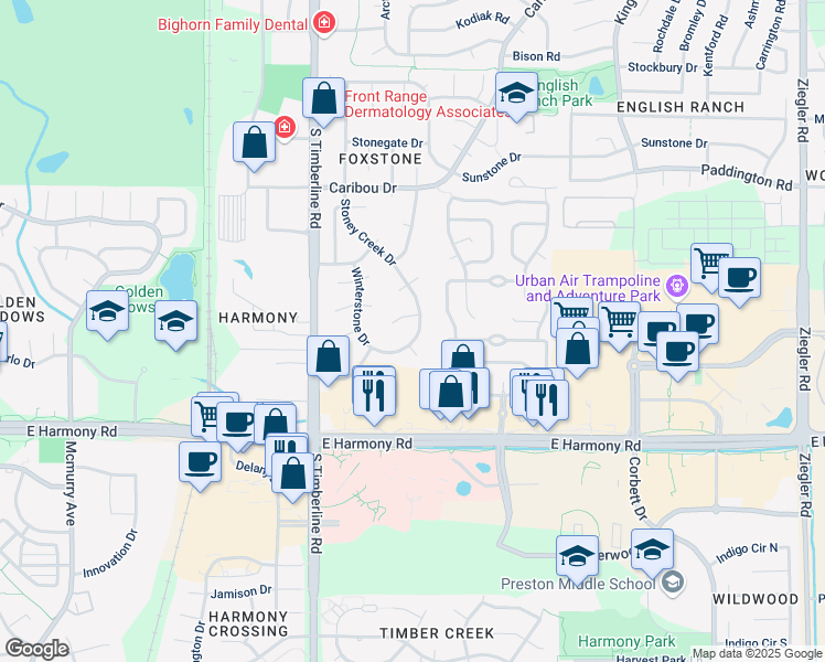 map of restaurants, bars, coffee shops, grocery stores, and more near 2218 Creststone Court in Fort Collins