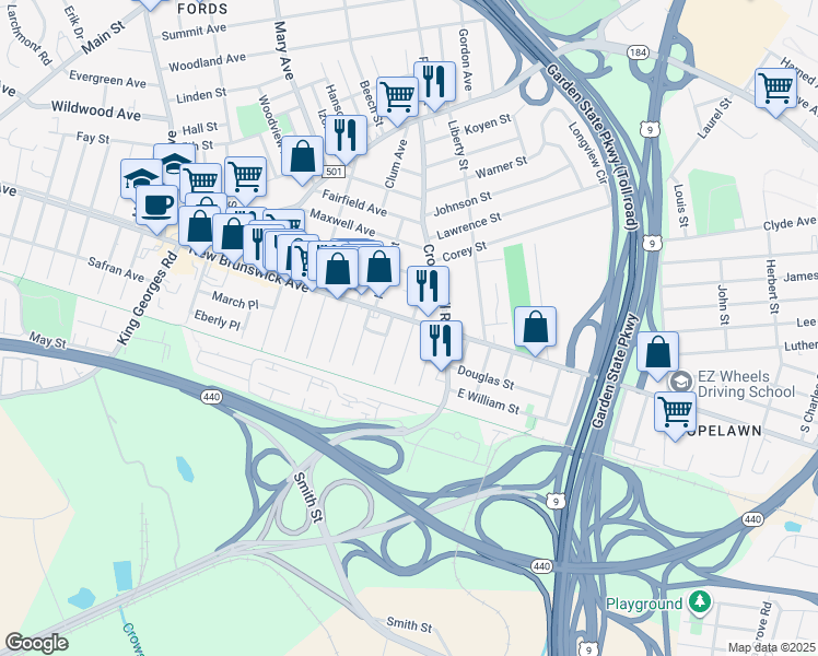 map of restaurants, bars, coffee shops, grocery stores, and more near 386 New Brunswick Avenue in Woodbridge Township