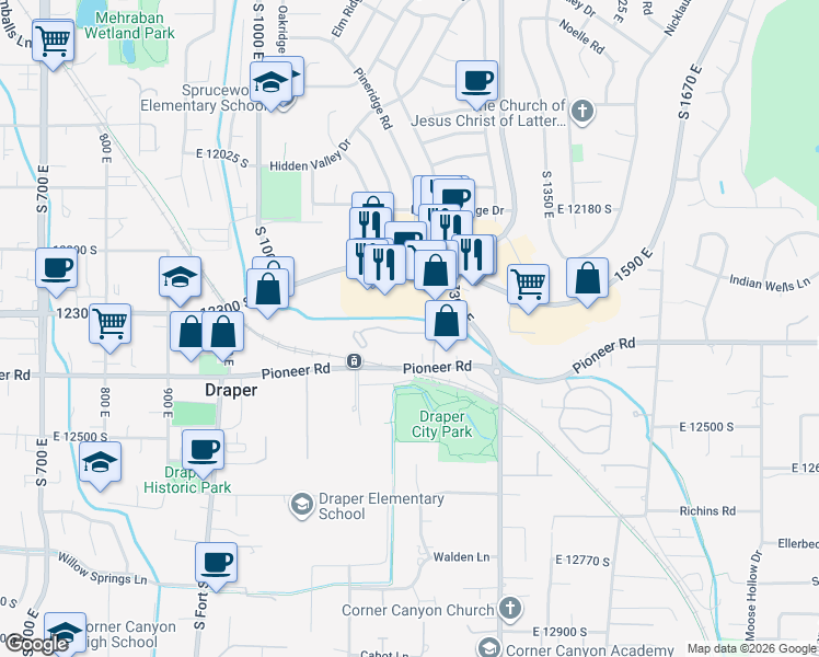 map of restaurants, bars, coffee shops, grocery stores, and more near 1187 Parkstone Drive in Draper