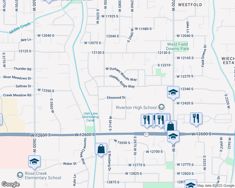 map of restaurants, bars, coffee shops, grocery stores, and more near 3106 Elmwood Drive in Riverton