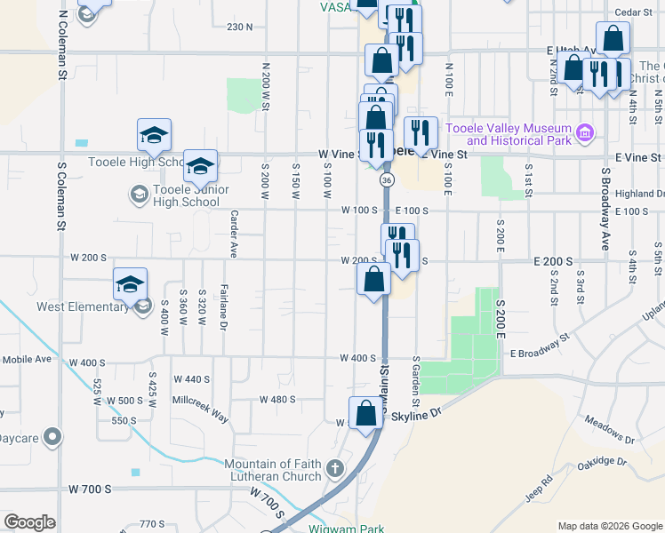 map of restaurants, bars, coffee shops, grocery stores, and more near 207 South 100 West in Tooele