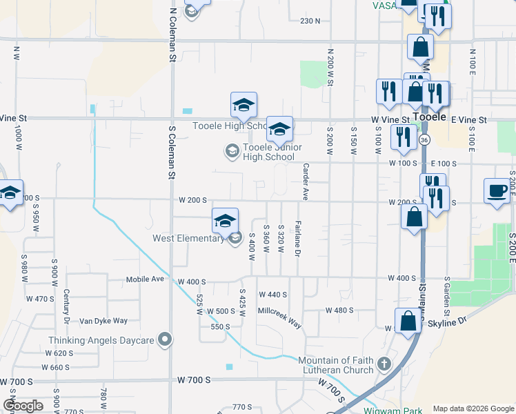 map of restaurants, bars, coffee shops, grocery stores, and more near 393 West 200 South in Tooele