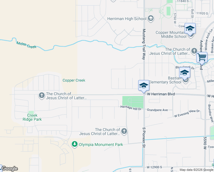 map of restaurants, bars, coffee shops, grocery stores, and more near Meadow Bend Drive in Herriman