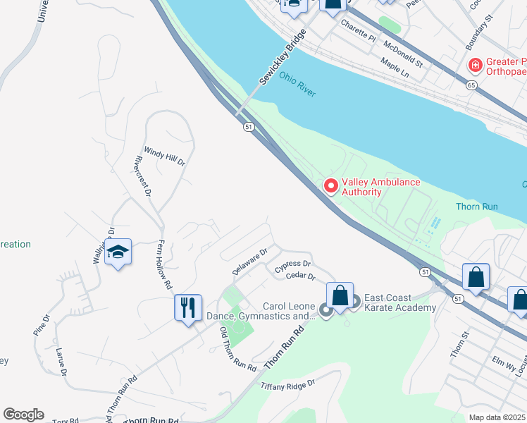 map of restaurants, bars, coffee shops, grocery stores, and more near 1400 Lee Dr in Moon