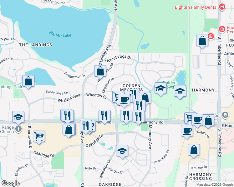 map of restaurants, bars, coffee shops, grocery stores, and more near 1325 Cape Cod Circle in Fort Collins