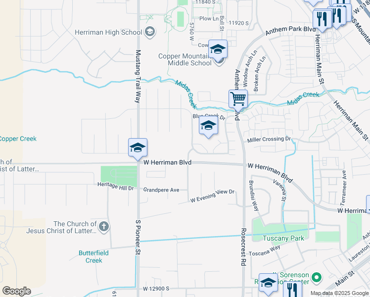 map of restaurants, bars, coffee shops, grocery stores, and more near 12352 Bigbend Creek Drive in Herriman