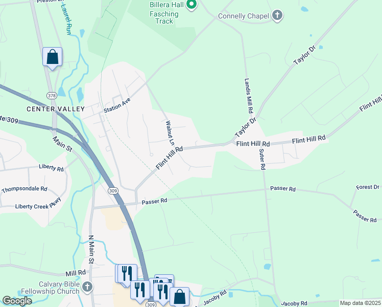 map of restaurants, bars, coffee shops, grocery stores, and more near 3448 Flint Hill Road in Coopersburg