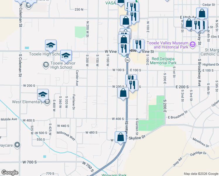 map of restaurants, bars, coffee shops, grocery stores, and more near 207 South 100 West in Tooele