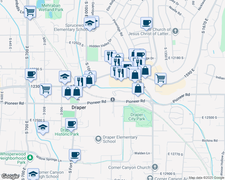 map of restaurants, bars, coffee shops, grocery stores, and more near 1137 Parkstone Drive in Draper
