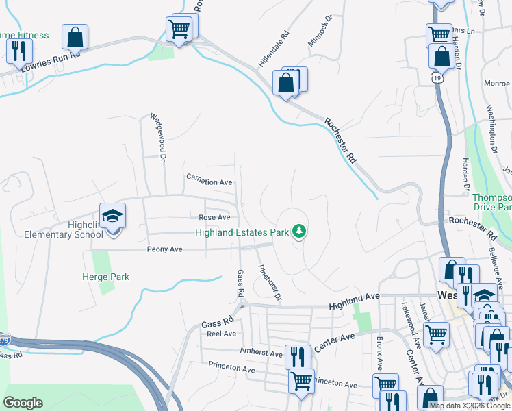 map of restaurants, bars, coffee shops, grocery stores, and more near 116 Pinevalley Drive in Pittsburgh
