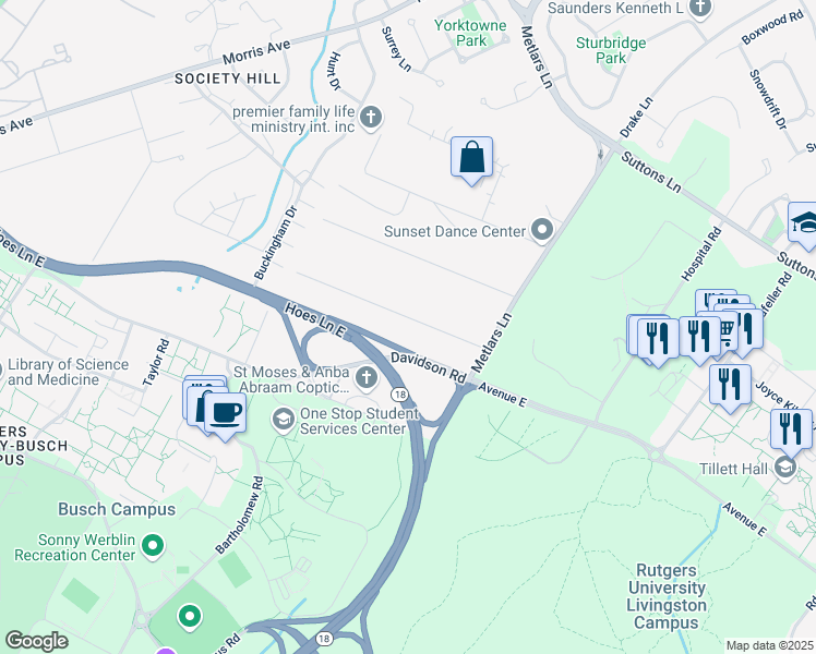 map of restaurants, bars, coffee shops, grocery stores, and more near 30 Orris Avenue in Piscataway