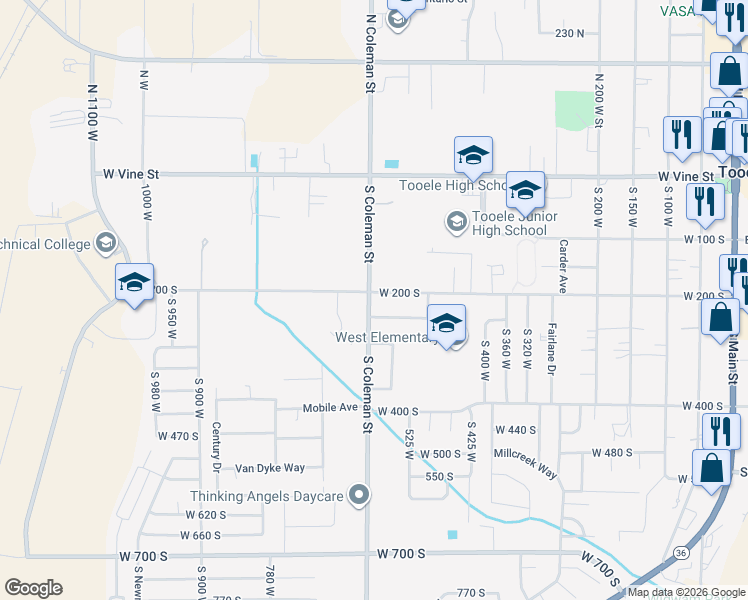 map of restaurants, bars, coffee shops, grocery stores, and more near 177 South Coleman Street in Tooele